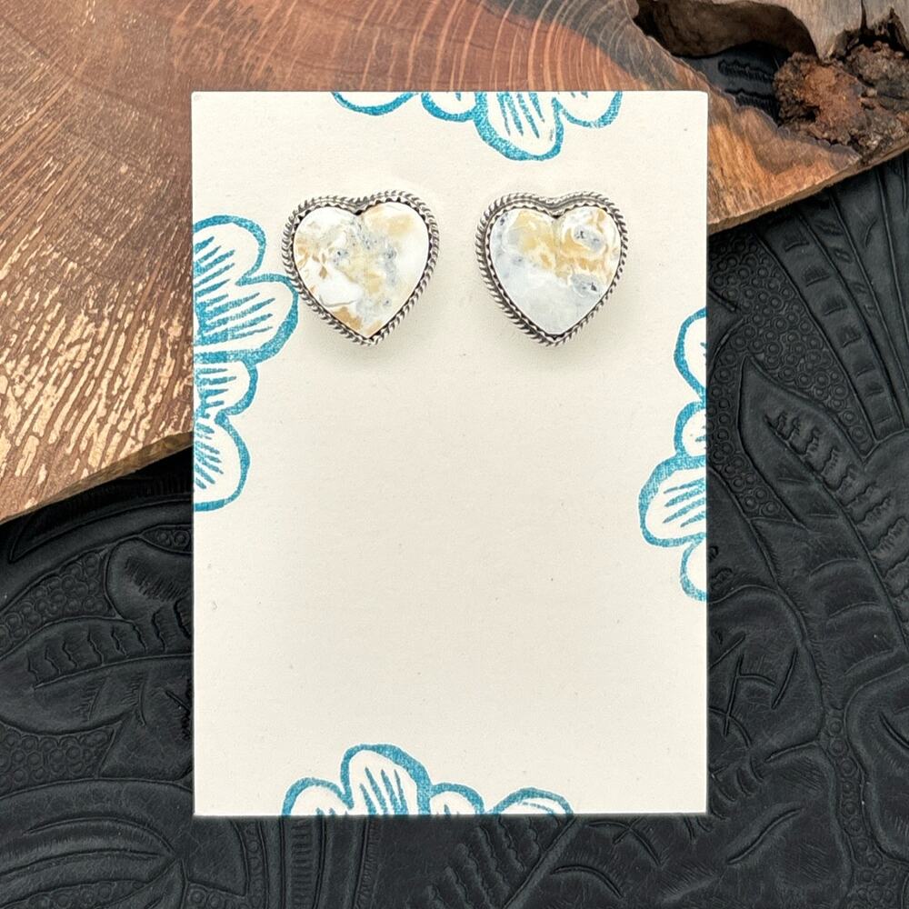BUFFALO DANCER Taos Pueblo Sterling Silver & White Buffalo Heart Post Earrings